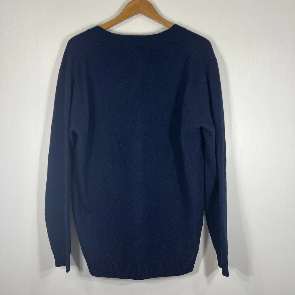 WoolOvers‎ Mens Lambswool V Neck Cardigan Size Large Navy Preppy Classic *FLAW*